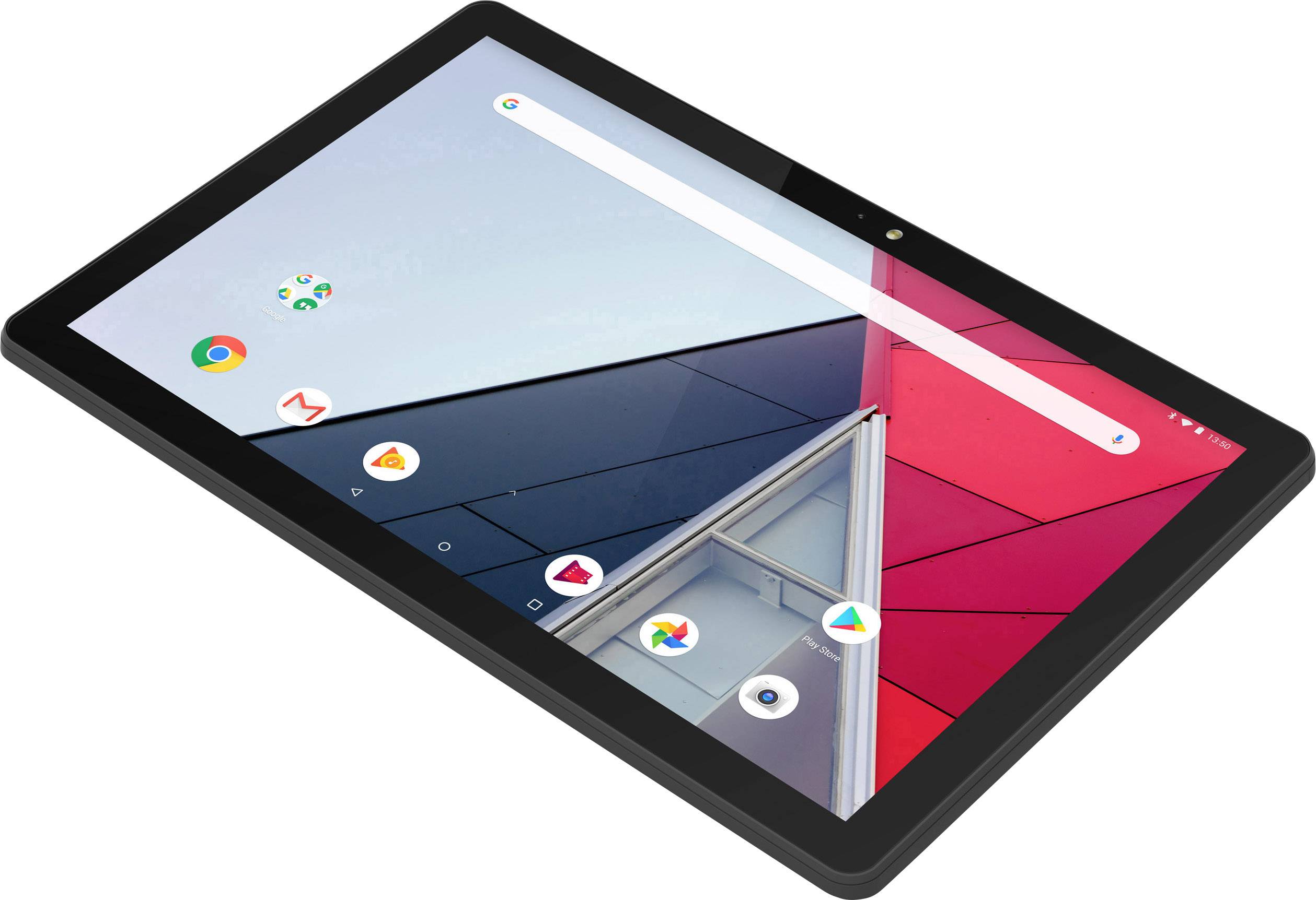 Černý tablet s barevným displejem zobrazujícím budovu a několik ikon aplikací na obrazovce.