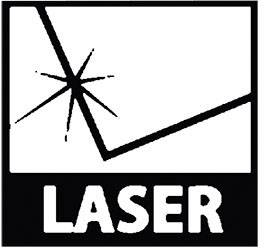 Symbol s stylizovaným laserovým paprskem dopadajícím na bod. Pod ním je nápis 'LASER'. Výstražná značka pro laserové záření.