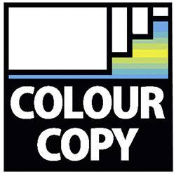 Logo 'Colour Copy' se stylovým tiskovým vzorem v černé, bílé, modré, žluté a zelené barvě.