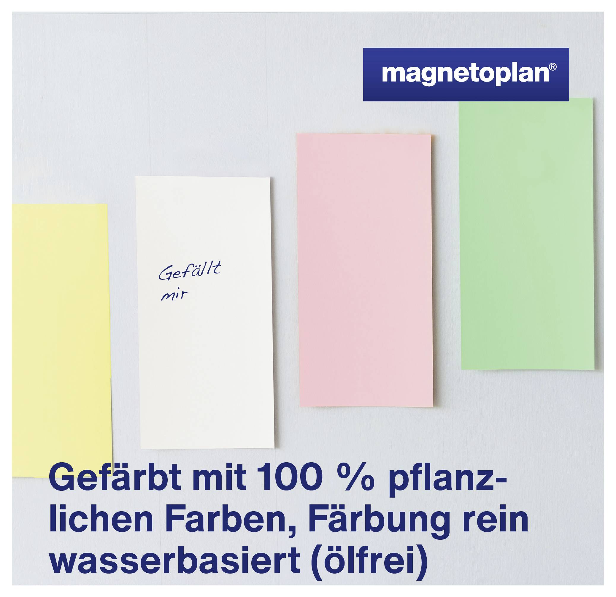 Reklamní obrázek se čtyřmi barevnými samolepícími lístky a logem "magnetoplan"; text: "Barveno 100 % rostlinnými barvami, barvení čistě na bázi vody (bez oleje)".