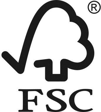 Obrázek zobrazuje logo FSC se stylizovaným stromem a fajfkou, pod kterými jsou písmena 'FSC'. Znamená to trvale udržitelné hospodaření v lesích.