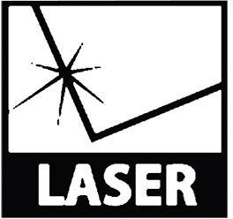 Symbol pro laserový paprsek: Stylizovaný světelný paprsek dopadající na překážku, s nápisem 'LASER' dole.