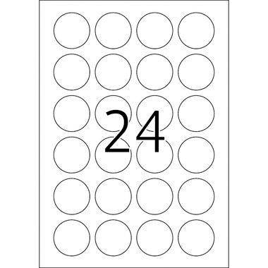 List se 24 kulatými samolepkami v mřížce 4x6.