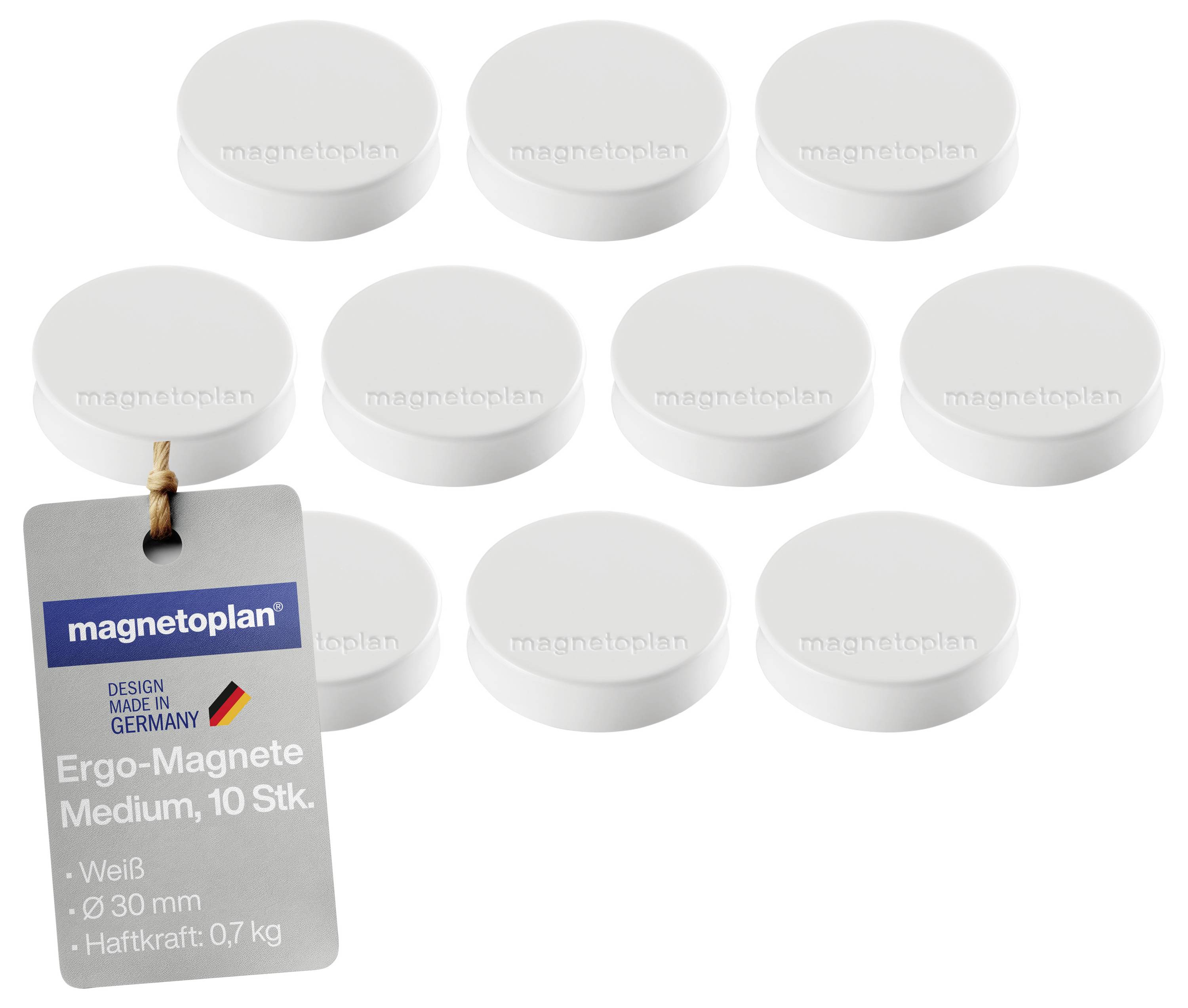 Deset kulatých bílých magnetů s etiketou s nápisem 'Ergo-Magnety Medium, 10 ks.' a designovými informacemi.