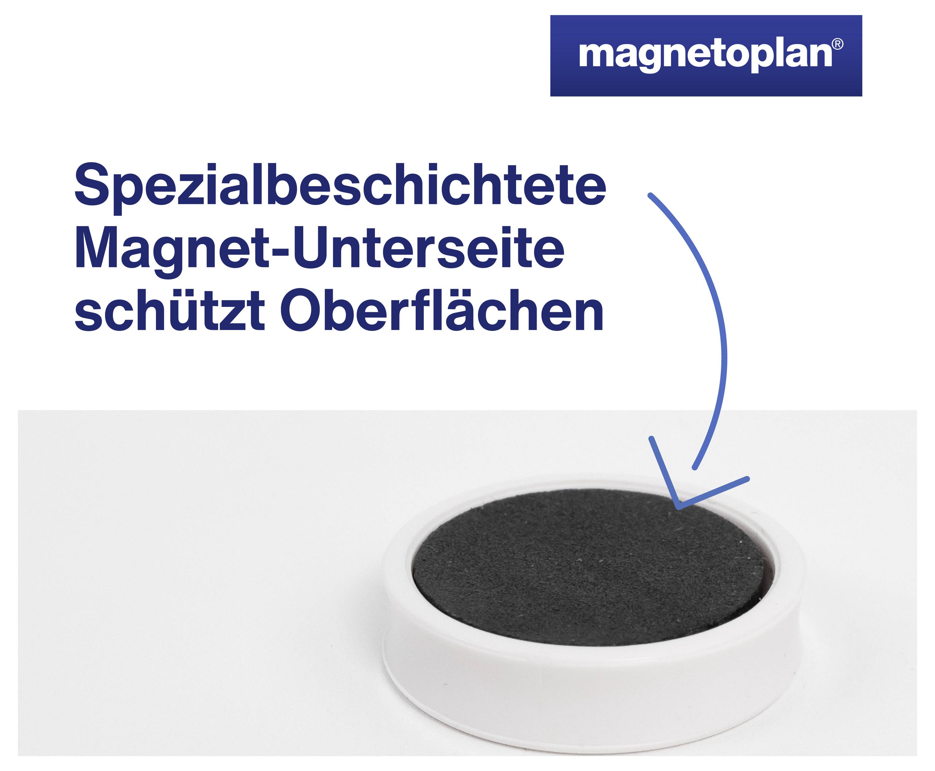 Kulatý magnet se speciální vrstvou na spodní straně, která chrání povrchy. Vpravo nahoře je logo 'magnetoplan'.