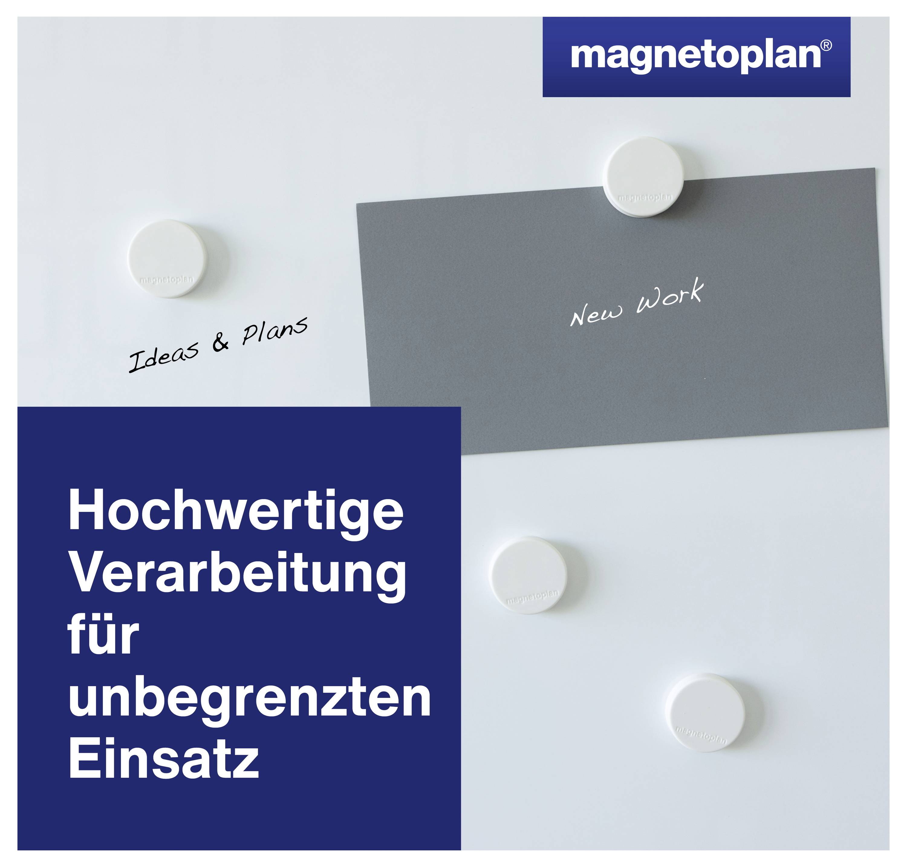 Reklama 'Magnetoplan' s magnetickými bílými kruhy a šedou mapou se slovy 'New Work'. Text: 'Špičková výroba pro neomezené použití'.