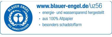 Modrý anděl environmentální certifikát s URL 'www.blauer-engel.de/uz56'. Text: 'vyrobeno úsporně z hlediska energie a vody, ze 100% sběrového papíru, s mimořádně nízkým obsahem škodlivých látek'.
