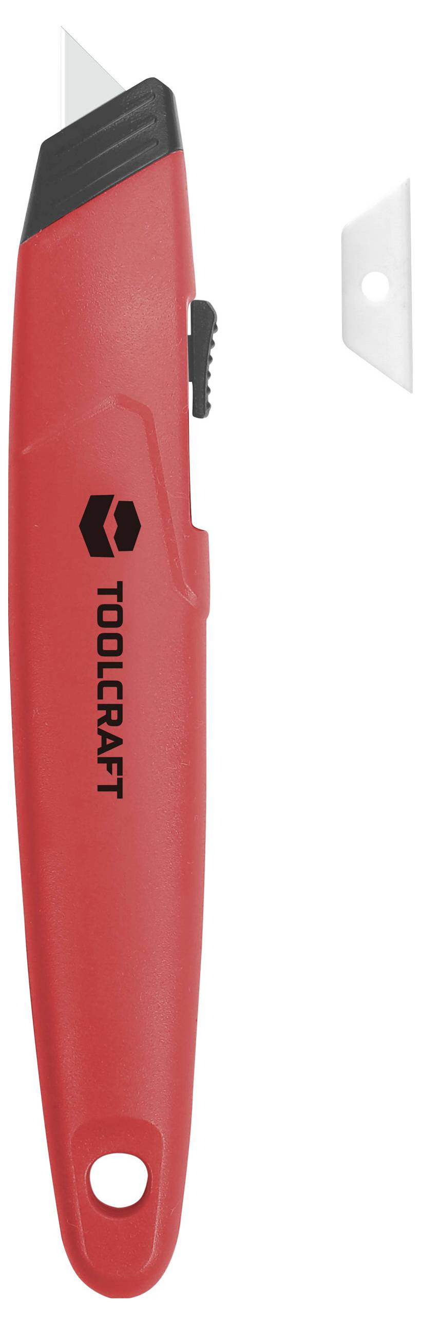 Červený řezací nůž s černým logem 'Toolcraft' a odnímatelnou čepelí, vedle náhradní čepele.