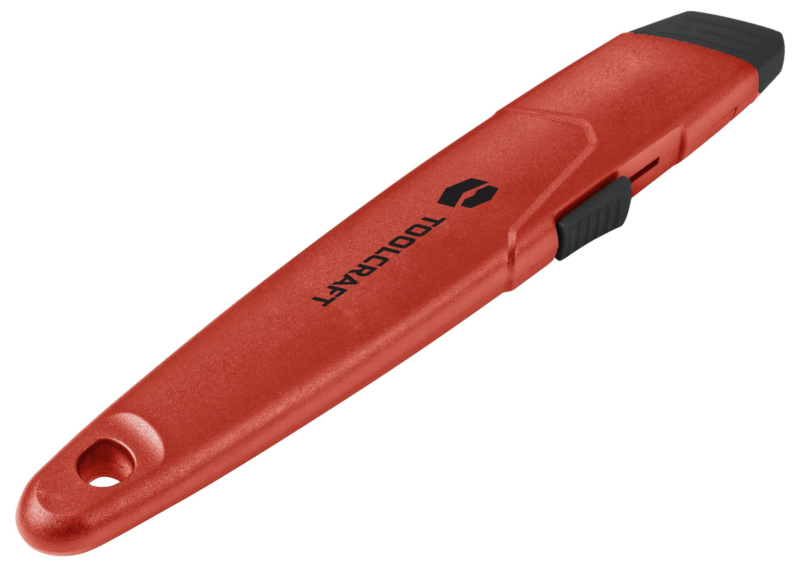 Červený bezpečnostní nůž s černým posuvníkem a otvorem na konci rukojeti, s nápisem 'TOOLCRAFT' na straně, určený pro řezací práce.