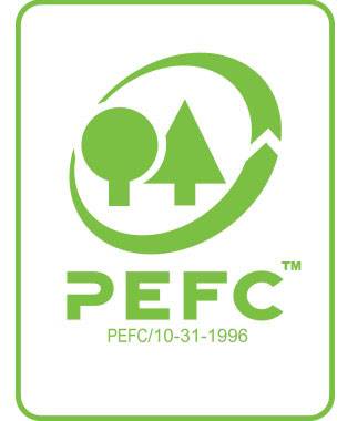 Logo 'PEFC' v zelené barvě. Zobrazuje stylizované tvary stromů a šipek, které symbolizují udržitelné lesní hospodaření.