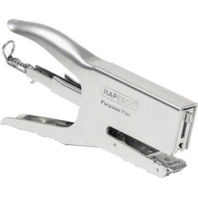 Stříbrná kancelářská sponkovačka značky Rapesco, model 'Porpoise Pliers', zobrazená z boku.