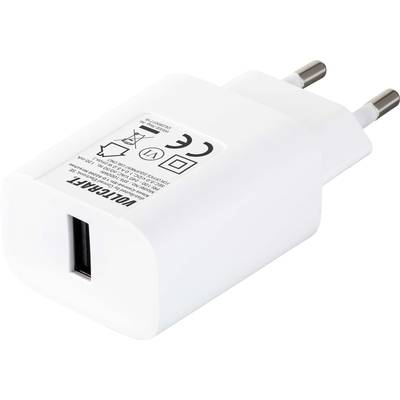 Bílá USB nabíječka s certifikací CE a technickými informacemi na horní straně.