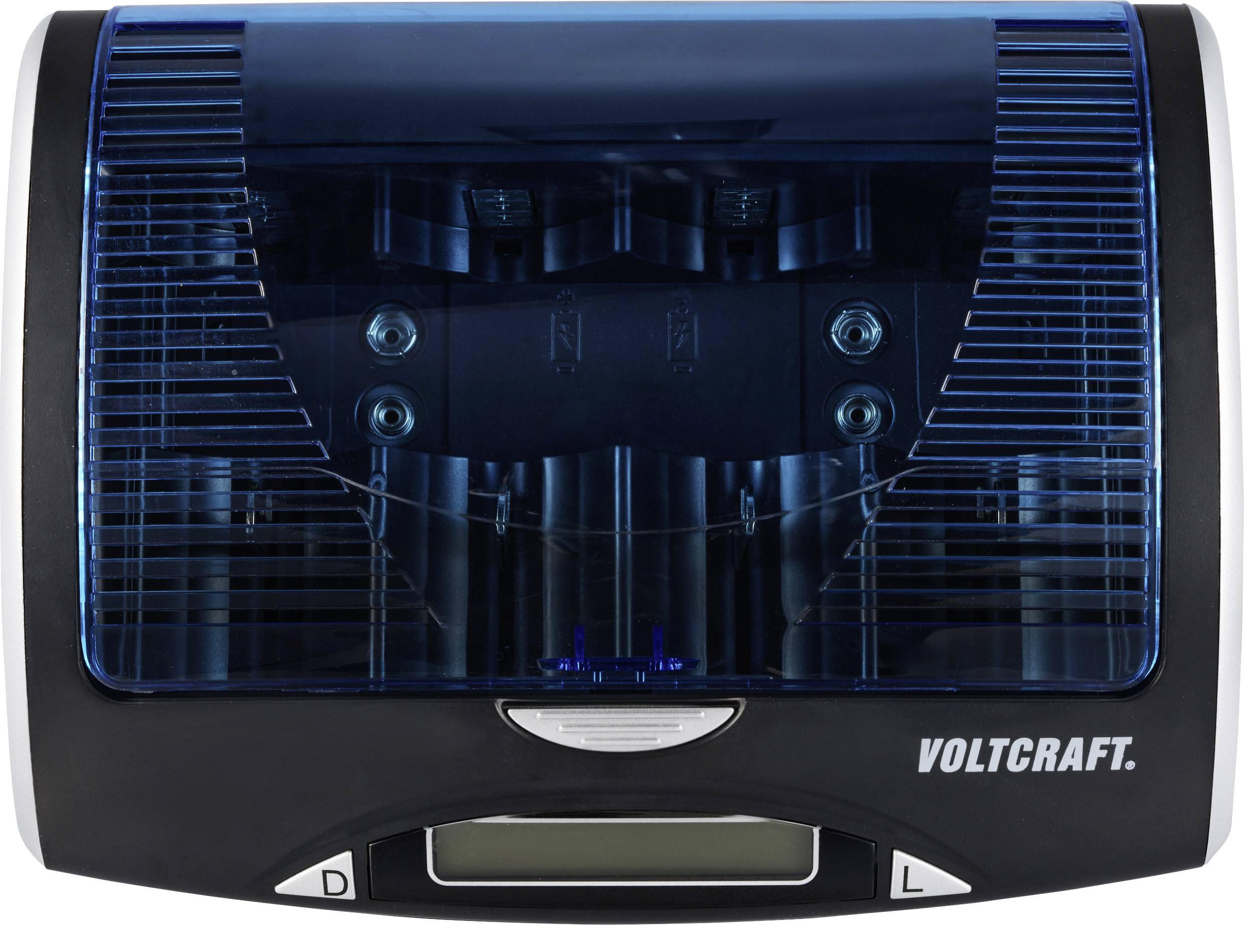 Elektroměř s modrým krytem, vpředu logo 'Voltcraft', dole digitální displej.