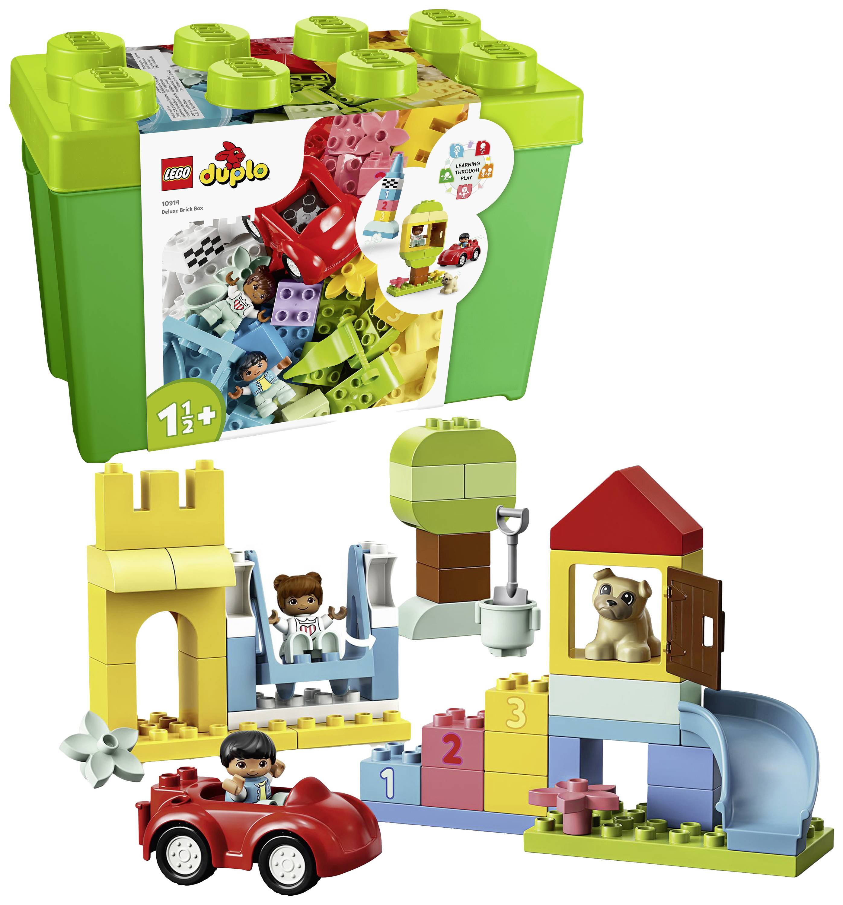 LEGO Duplo sada stavebnice s barevnými kostkami, figurkami medvěda a psa, vozidlem podobným autu a příslušenstvím, vhodné pro děti od 1,5 let.
