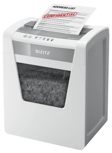 Skartovač drtí dokument s názvem 'SEZNAM ADRES', který je označen jako 'DŮVĚRNÉ'.