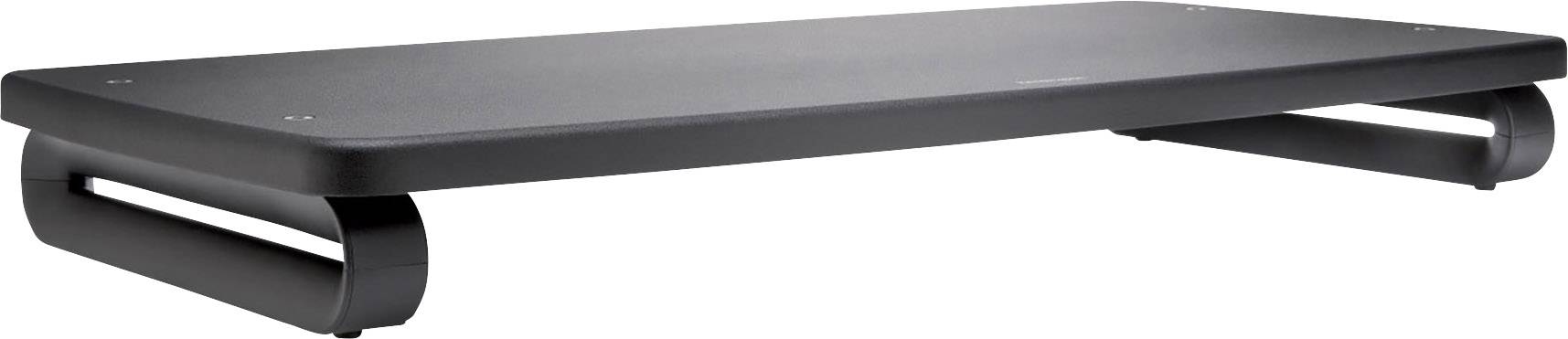Černý kovový stojan na monitor s moderním designem, který je ideální pro zvýšení počítačového monitoru na pracovním stole.