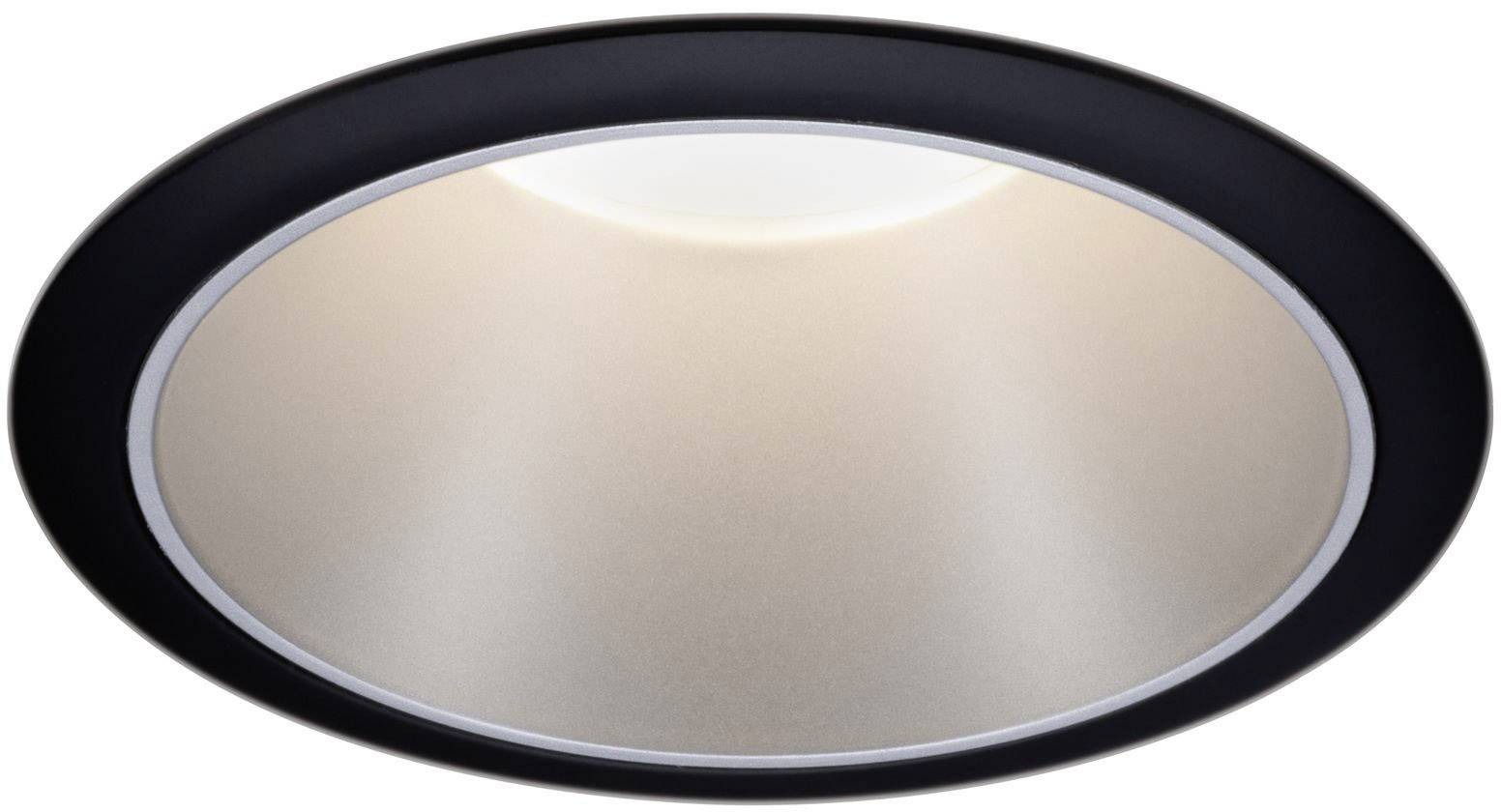 Kulatý stropní světlomet s černým lemováním a rozptýleným světelným výstupem, vhodný pro moderní, minimalistické interiéry.