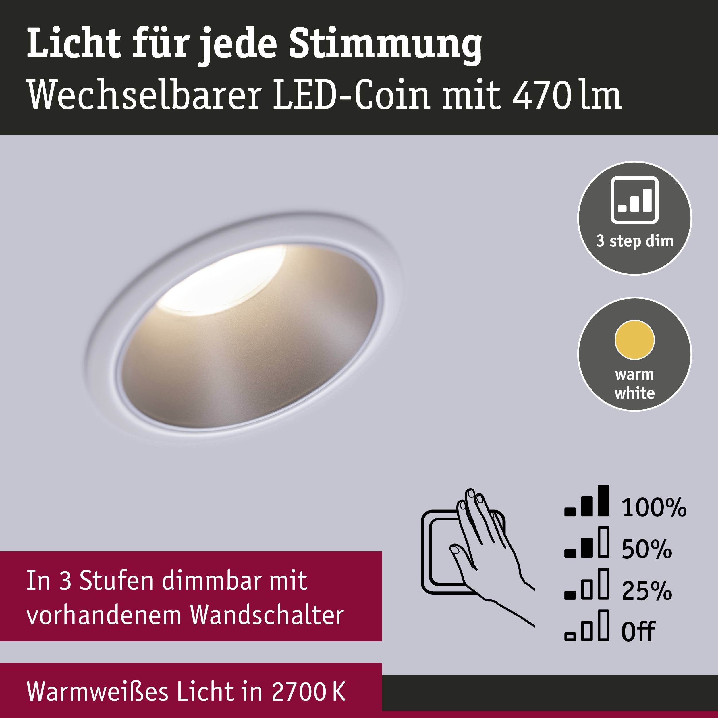 Výměnná LED stropní svítidlo s 470 lumeny, stmívatelné ve 3 stupních pomocí nástěnného spínače. Teplé bílé světlo s teplotou 2700 K.