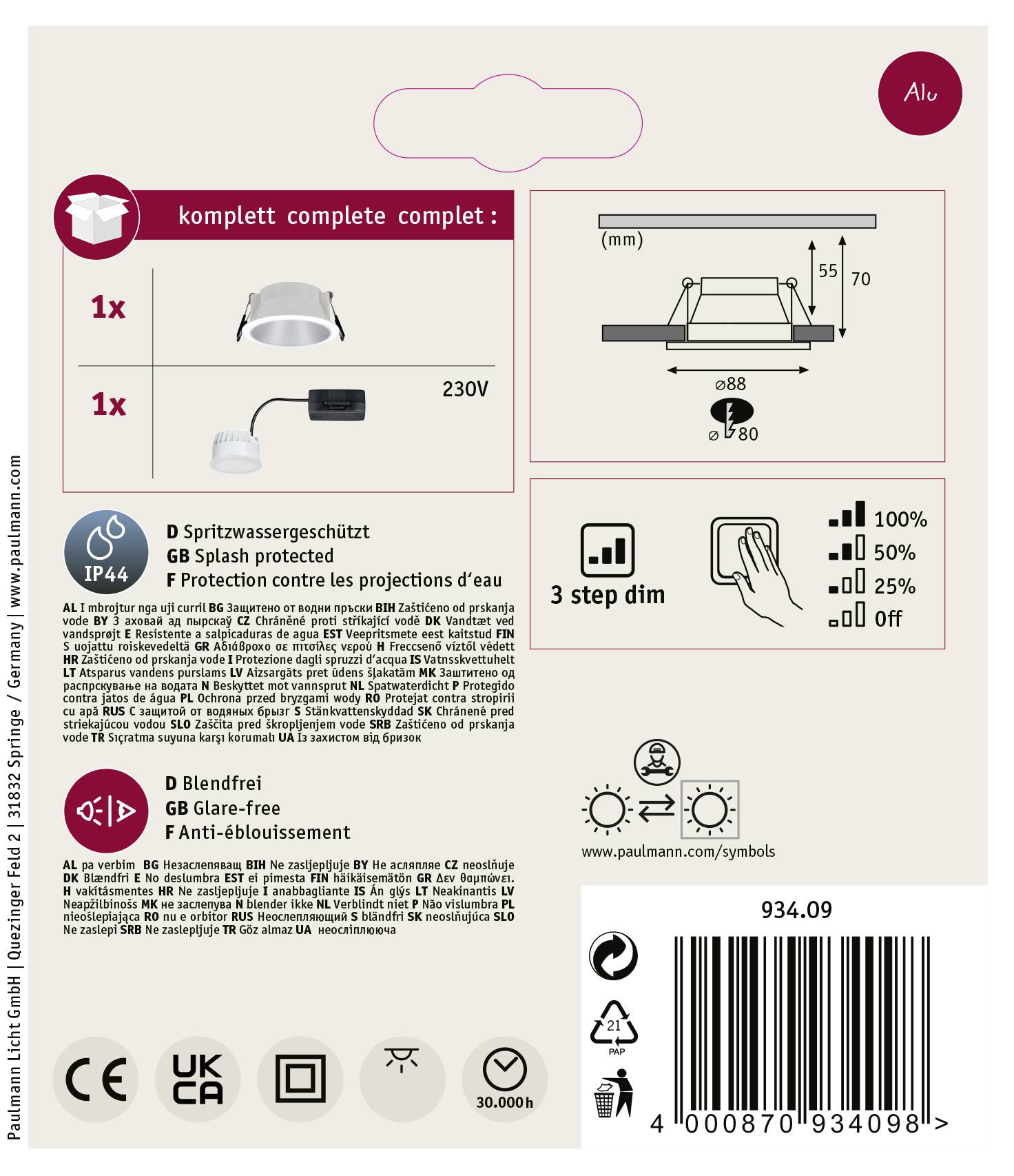 Paulmann 93409 Cole Coin vestavné svítidlo, LED, LED, 6 W, bílá, stříbrná-14