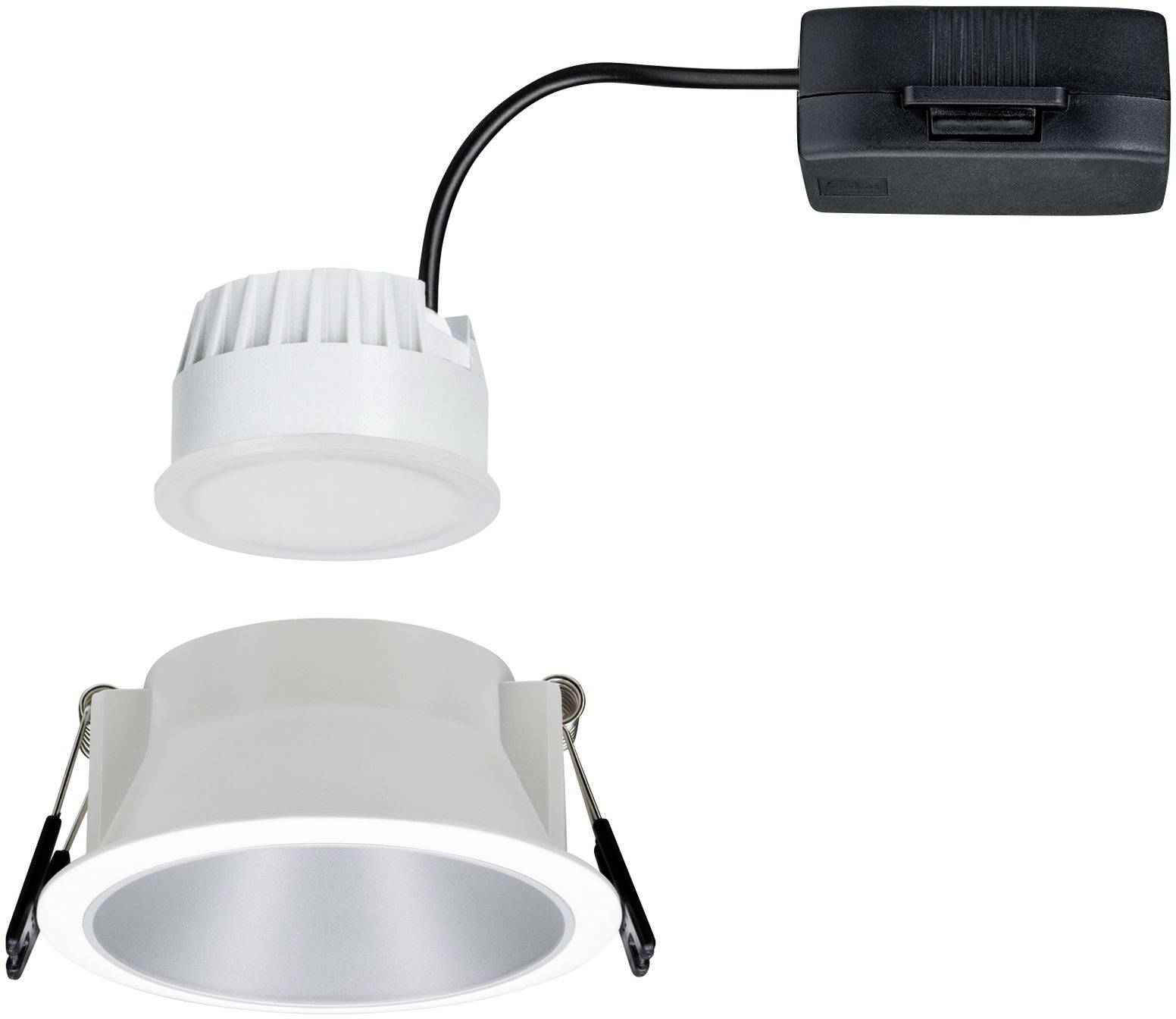 Vestavné svítidlo s kulatým bílým rámečkem a černým kabelem, vhodné pro montáž na strop. Úsporný LED design.