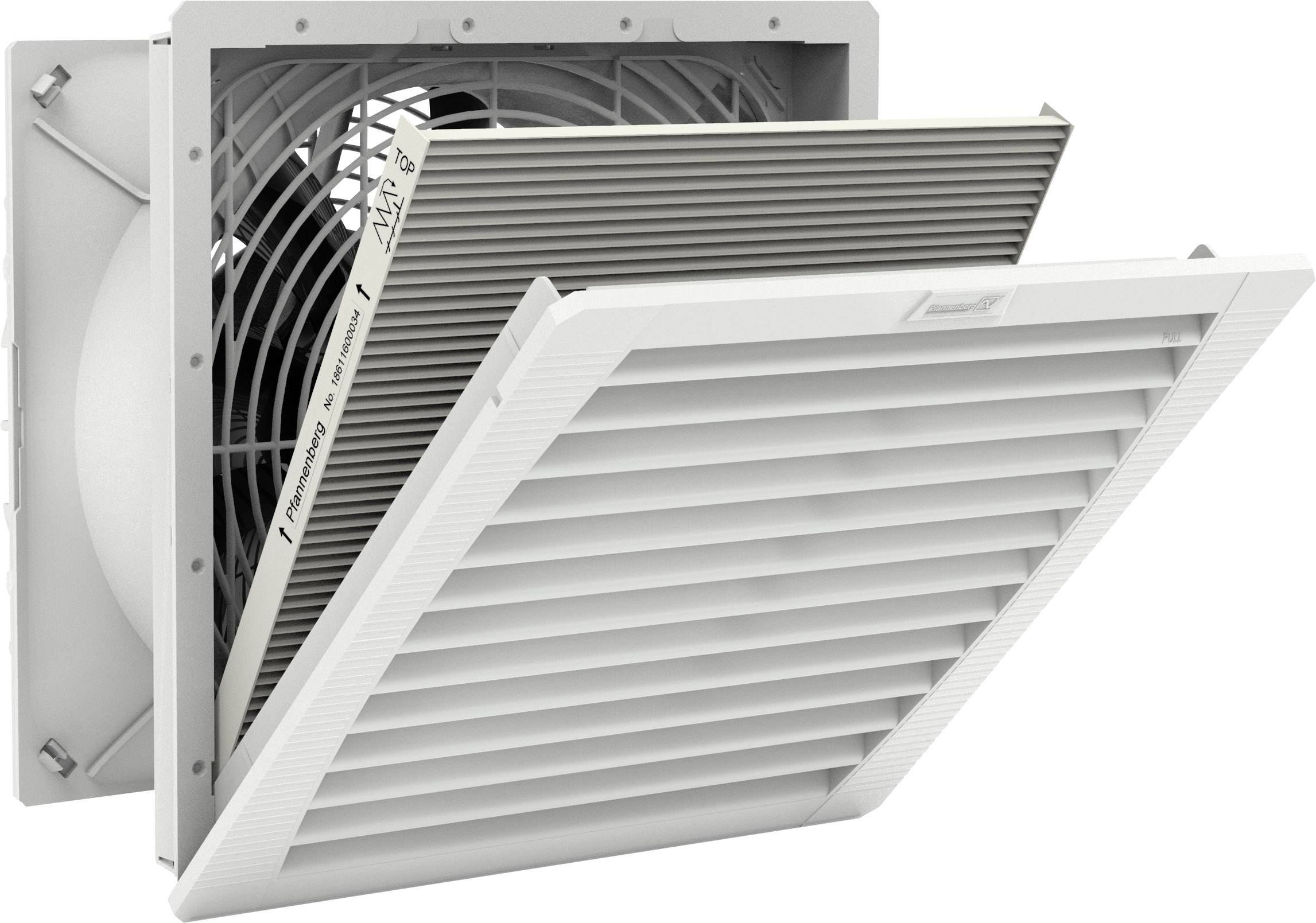 Čtvercový ventilátor s odnímatelným bílým krytem, který odhaluje větrací štěrbiny. Vnitřní ventilátor je viditelný.