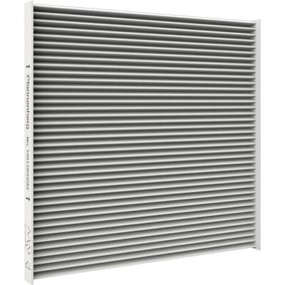 Šedý, žebrovaný vzduchový filtr obdélníkového tvaru. Slouží k čištění vzduchu ve ventilačních systémech nebo klimatizacích.