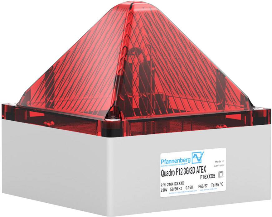 Červené výstražné světlo v pyramidovém krytu s firemním logem a označením modelu 'Quadro F12 3G/3D ATEX', namontované na bílém podstavci.