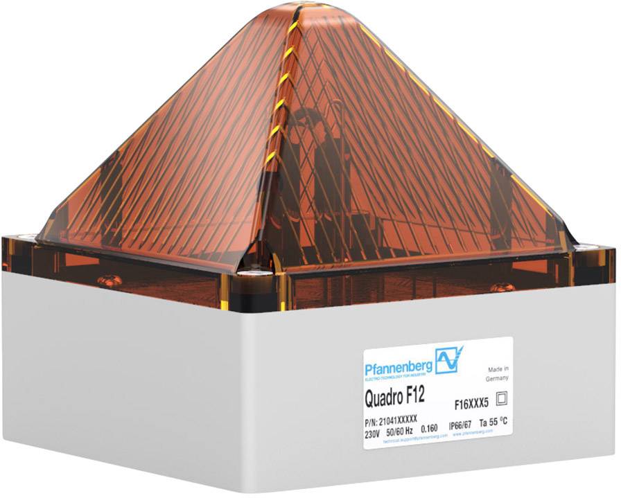 Oranžové zařízení s pyramidovým designem, označené štítkem 'Pfannenberg Quadro F12', ukazuje na průmyslový původ 'Made in Germany'.