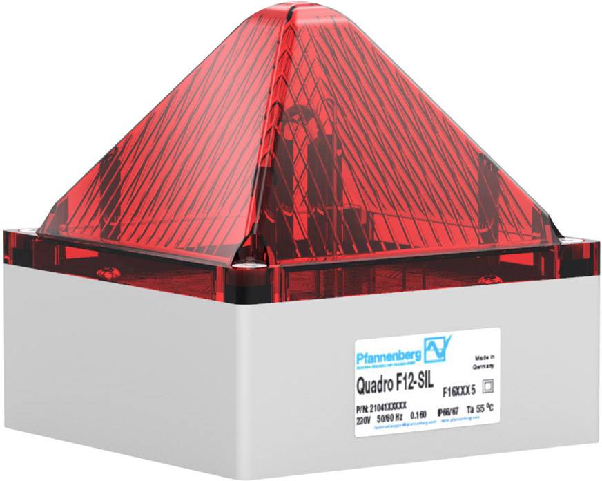 Červené výstražné signalizační zařízení ve tvaru pyramidy s bílým pouzdrem, označené jako 'Quadro F12-SIL' od společnosti Pfannenberg, určené pro průmyslové použití.
