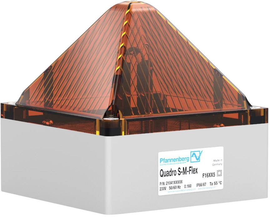 Čtvercový bílý alarmový systém s pyramidovým, oranžovo-průhledným krytem, označený jako 'Pfannenberg Quadro S-M-Flex'.