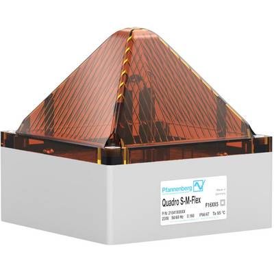 Čtvercový bílý alarmový systém s pyramidovým, oranžovo-průhledným krytem, označený jako 'Pfannenberg Quadro S-M-Flex'.