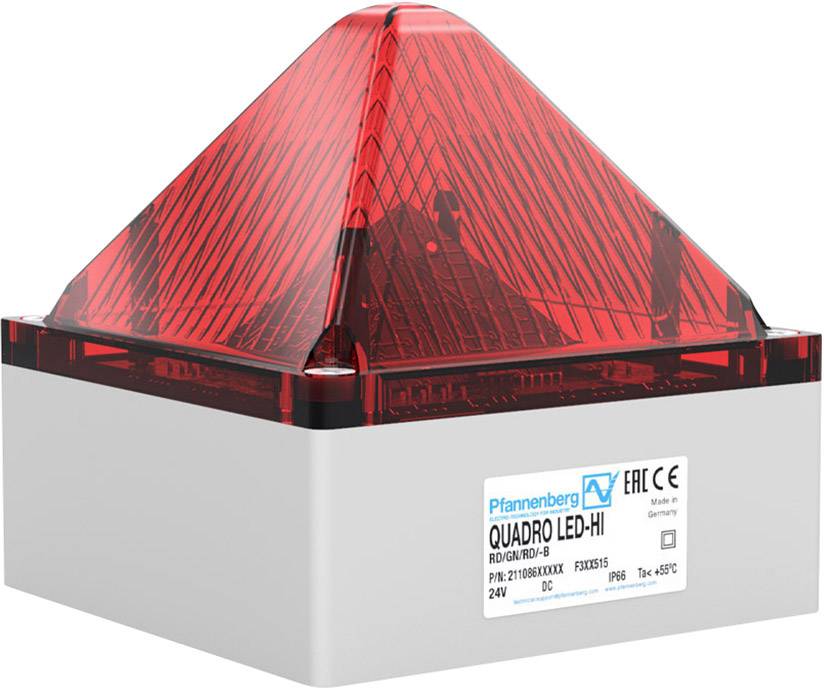 Červené čtvercové LED výstražné světlo Quadro od společnosti Pfannenberg s pyramidovitým horním dílem, vhodné pro průmyslové aplikace.