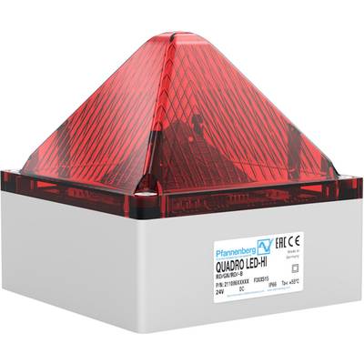 Červené čtvercové LED výstražné světlo Quadro od společnosti Pfannenberg s pyramidovitým horním dílem, vhodné pro průmyslové aplikace.