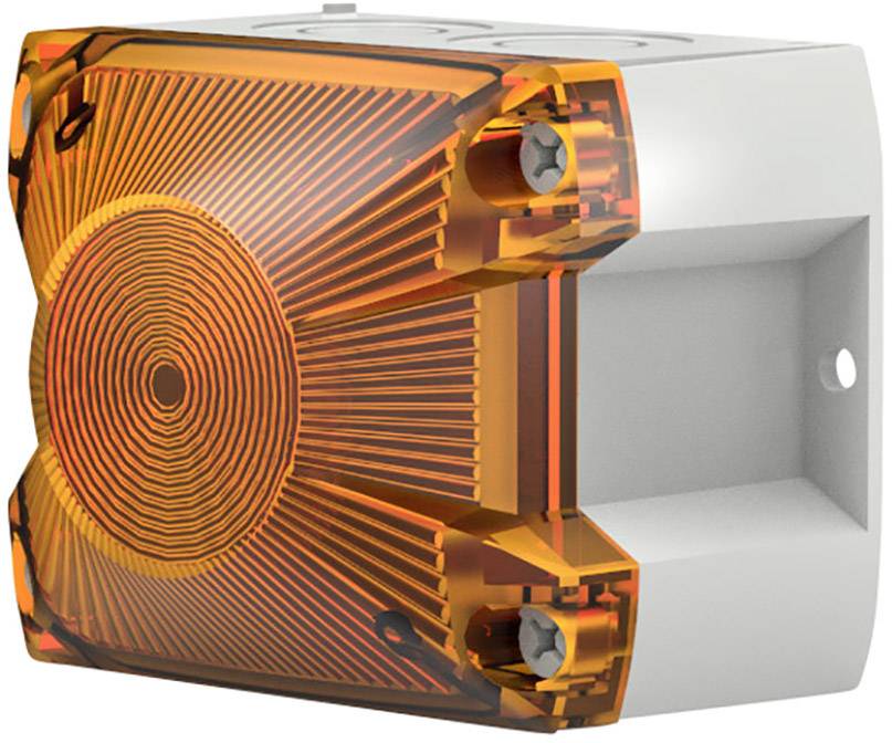 Čtvercový kryt s průhledným oranžovým povrchem a šrouby. Naznačuje elektronické zařízení.