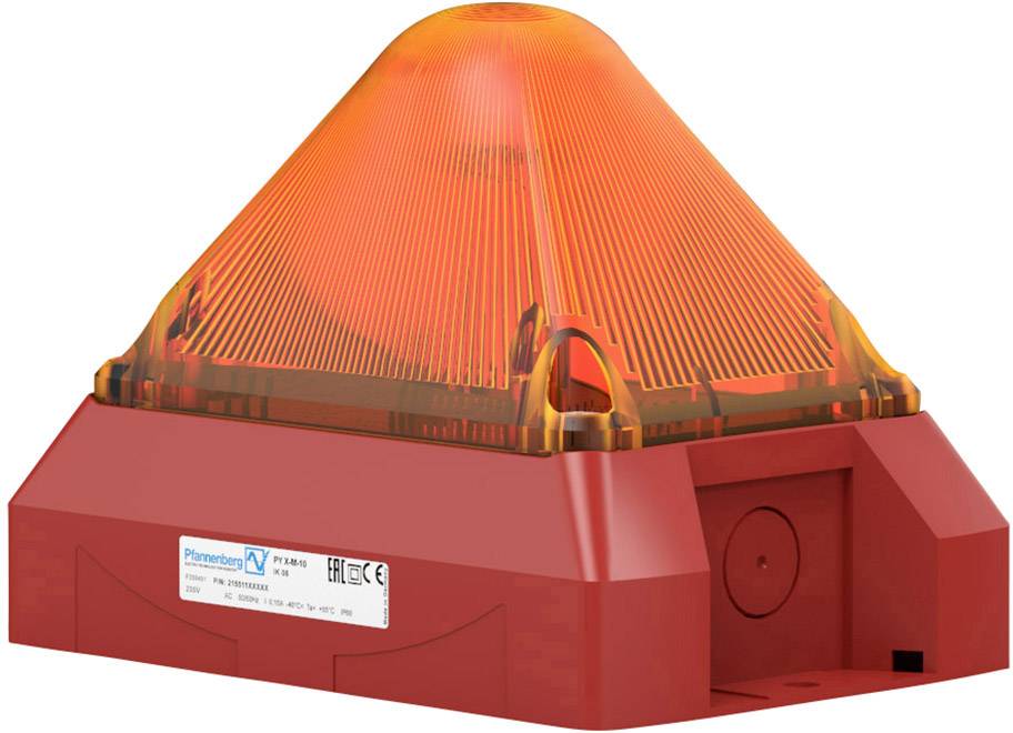Červený elektronický signalizátor s oranžovým krytem pro vizuální varování. Typické zařízení pro nouzové situace.