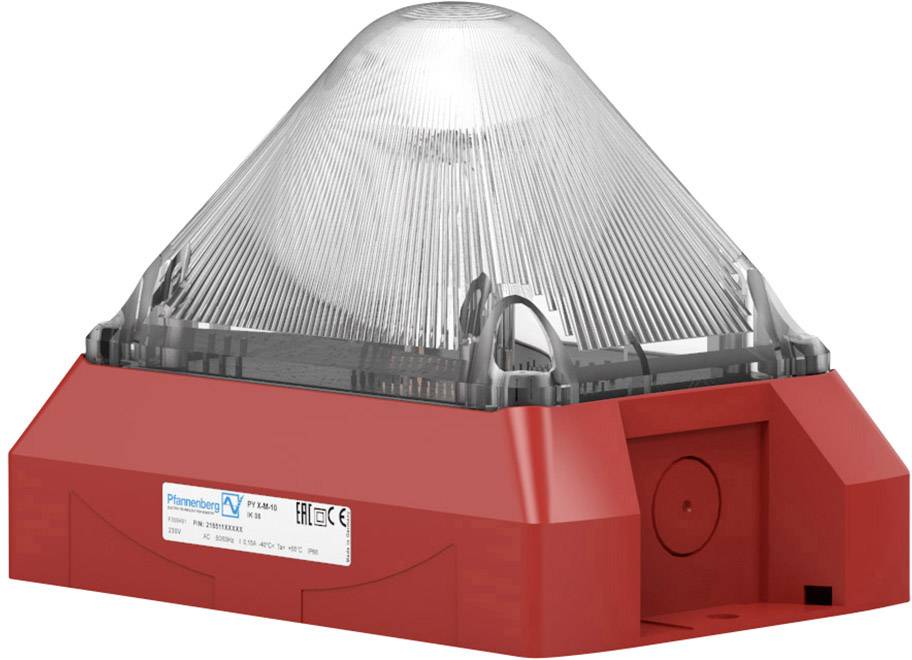 Červený elektrický alarm s průhledným kupolovitým krytem, vhodný pro montáž na stěnu nebo strop, s výrobním označením.