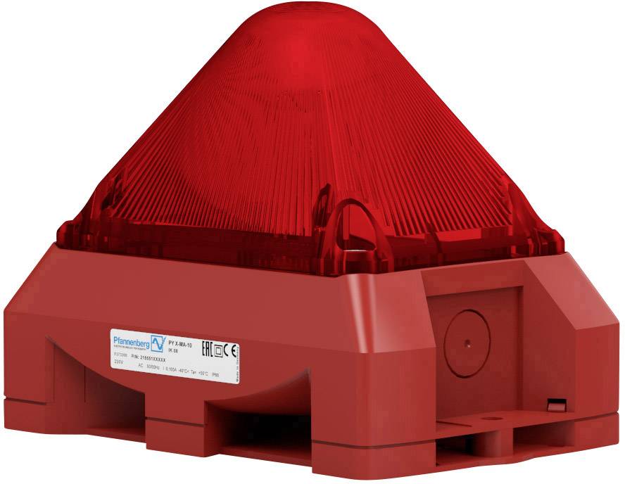 Červený nouzový signalizační přístroj s pyramidovým krytem, vhodný pro akustické a vizuální poplachy v bezpečnostních oblastech.