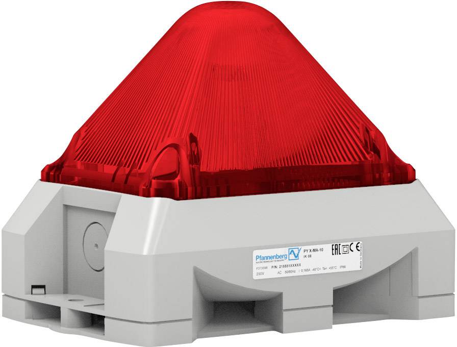Výstražná lampa s červeným světlem, namontovaná na šedém podstavci, s výrobním štítkem a označením CE.