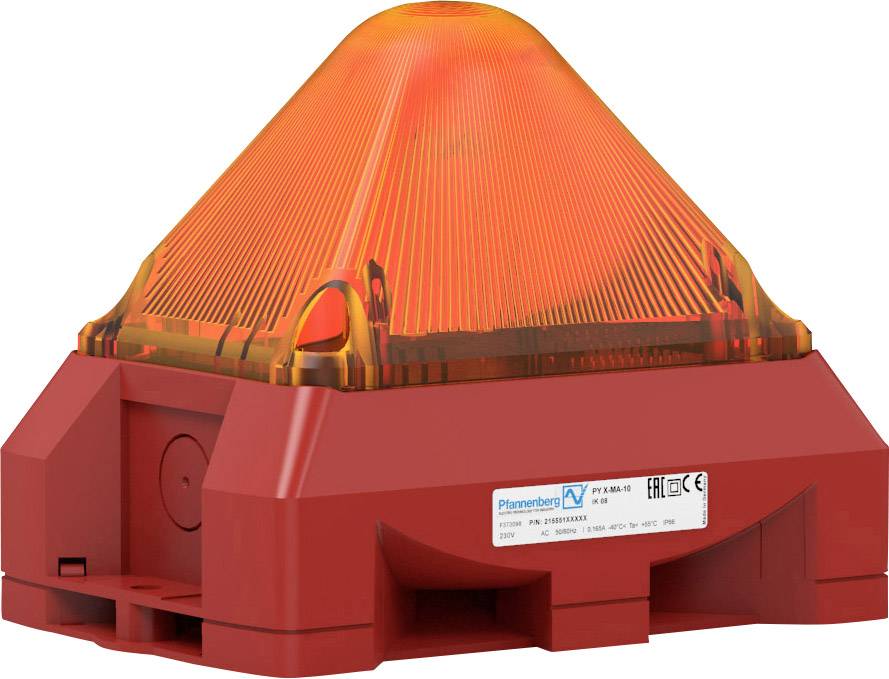 Červené pyramidové výstražné světlo s oranžovým krytem, namontované na podstavci.