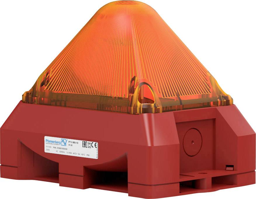 Červené pyramidové výstražné světlo s oranžovým světelným signálem, používané k signalizaci nebezpečí nebo poplachových stavů.