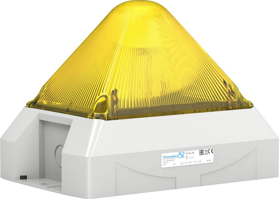 Žluté výstražné světelné zařízení s pyramidovitým designem a popiskem vpředu. Je namontováno na bílém krytu.