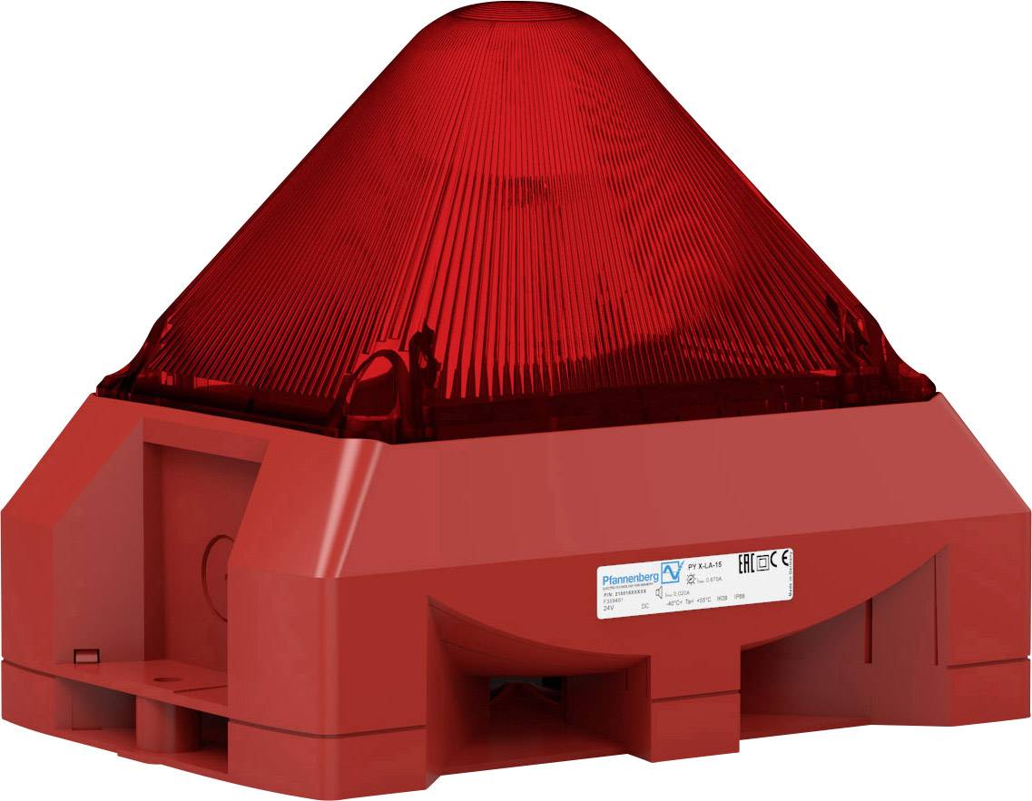 Červená signální lampa s pyramidovitým, zvlněným sklem, namontovaná na stabilním podstavci, signalizuje výstrahu.
