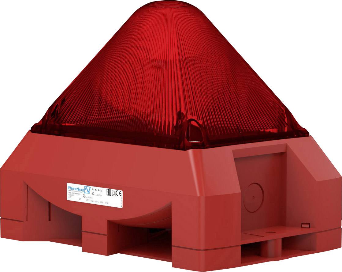 Červená siréna s pyramidovitým krytem, používaná pro akustickou a vizuální signalizaci v nouzových situacích.