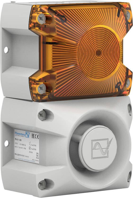 Oranžové výstražné světlo na šedém krytu s elektrickým symbolem a technickým popiskem.