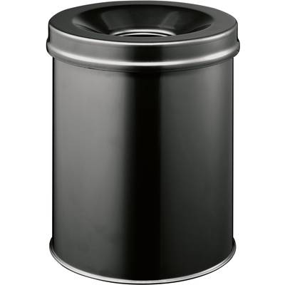 Černý, válcový kovový kontejner s odnímatelným víkem a vyklenutým horním povrchem, určený pro uchovávání potravin nebo předmětů.