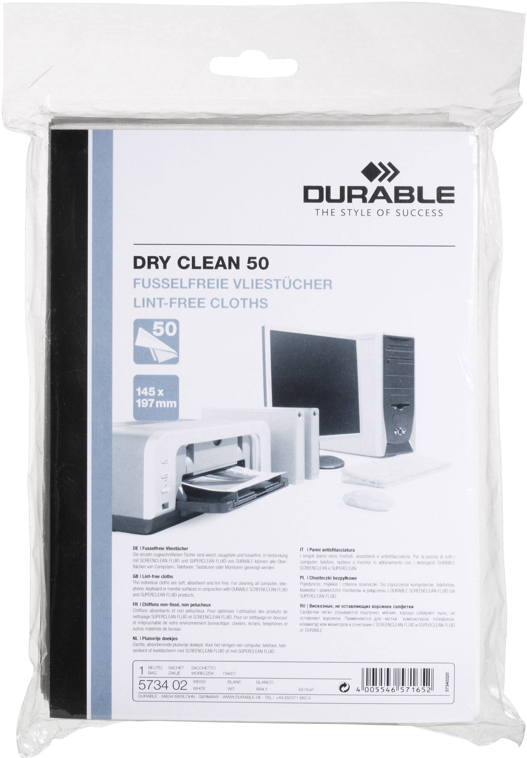 Utěrky 'Durable Dry Clean 50' bez chloupků, balení obsahuje 50 kusů, rozměr 145 x 197 mm. Ideální pro citlivé povrchy.