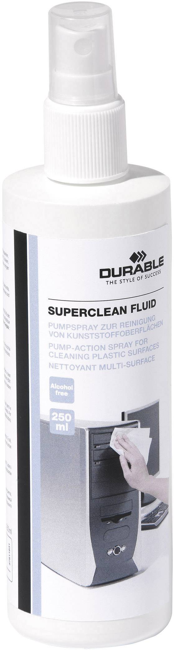 Lahev s čisticím sprejem s etiketou 'Superclean Fluid', vhodná pro plastové povrchy, o objemu 250 ml, zobrazená s počítačem.