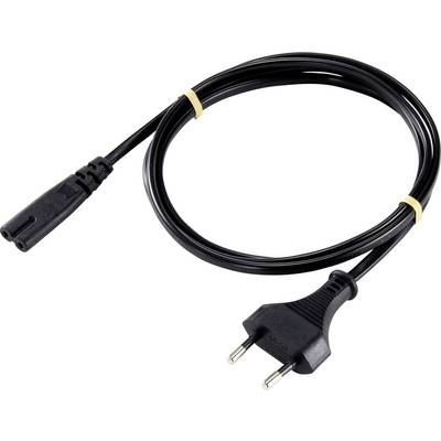 Černý napájecí kabel se dvoupólovým zástrčkovým a zásuvkovým konektorem, vhodný pro elektrické spotřebiče.