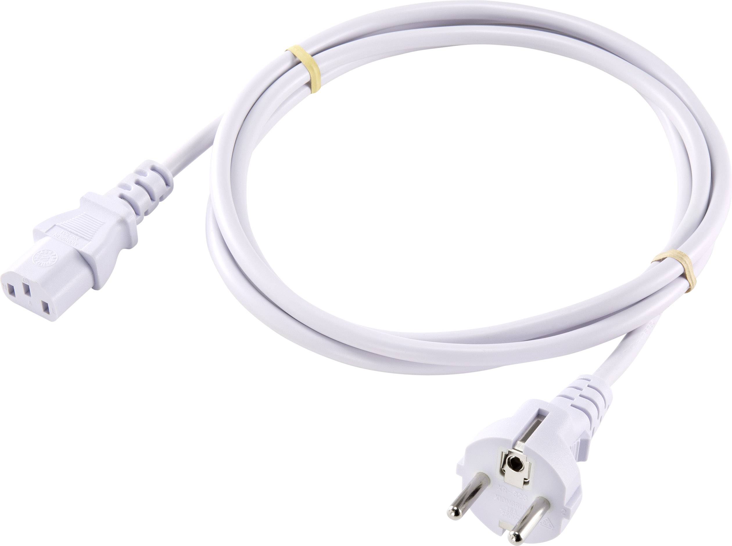 Bílý síťový kabel se zásuvkou Schuko na jedné straně a samičkou konektoru IEC-C13 na straně druhé.