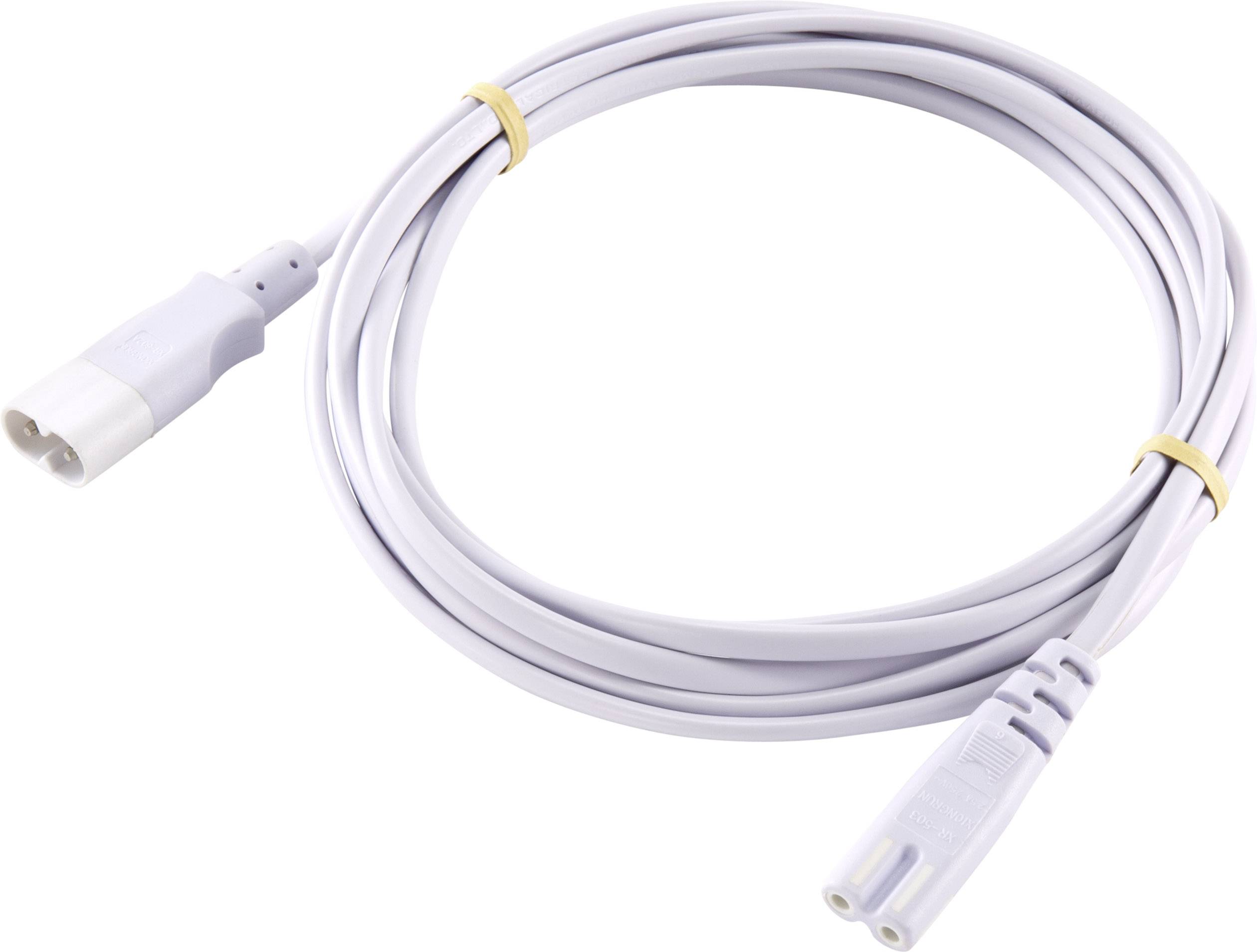 Bílý síťový kabel se dvěma koncovkami, vhodný pro elektronická zařízení, leží stočený na povrchu.
